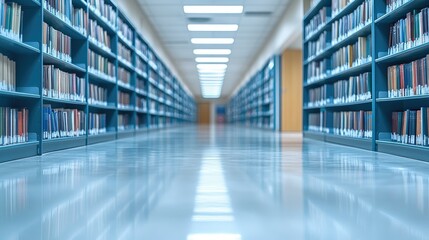 Fototapeta premium A spacious library aisle with shelves filled with books, inviting reading and study.
