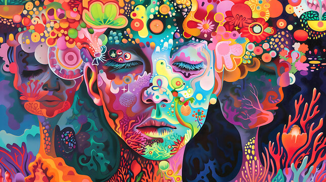 Portrait of women with floral rainbow patterns on their faces. nautical theme, Psychedelic vector illustration.