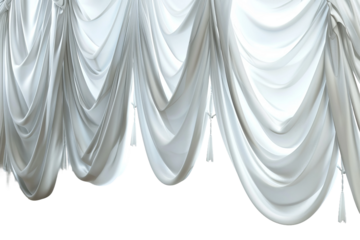 Minimalistic white curtains draped gracefully, isolated background.