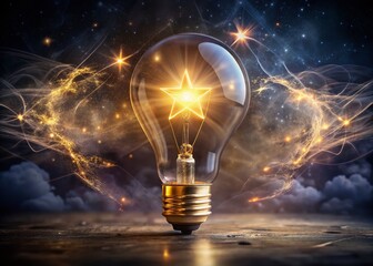Long Exposure Light Bulb Idea Gold Star Thought Cloud - Stock Photo
