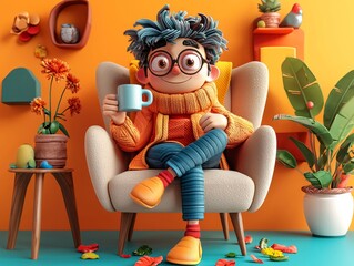 Colorful 3D character with oversized glasses and coffee mug