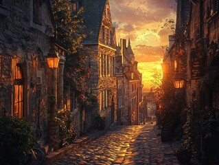 Obraz premium Historic European cityscape at sunset with cobblestone street