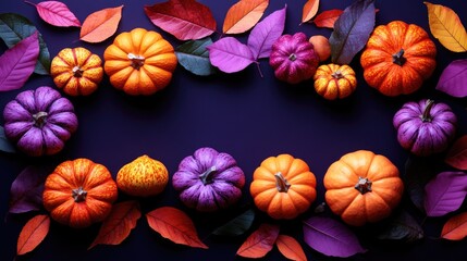 Colorful pumpkins and leaves on dark background highlight autumn harvest beauty. Thanksgiving, Halloween