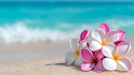 Fototapeta premium Plumeria Blossoms on Sandy Shore, vibrant plumeria flowers in full bloom, resting gently on a sun-kissed beach, evoking tropical serenity.