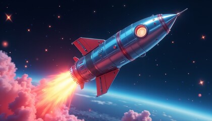 Rocket launching into space with bright flames in a vibrant cosmic background