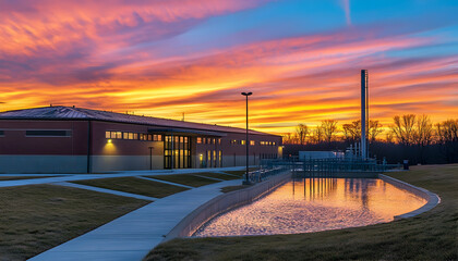 Fototapeta premium Sunset over a water treatment plant showcasing efforts to combat pollution and secure clean water AI Generated