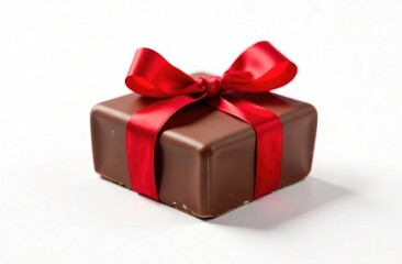 Obraz premium Chocolate wrapped in a red ribbon in a bow. White background. Minimal composition