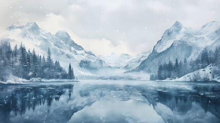 Fototapeta premium Scenic alpine winter setting with serene icy reflections.