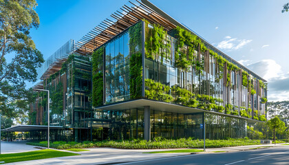 Obraz premium Sustainable city design: a modern glass building intertwined with greenery, highlighting carbon dioxide reduction and environmental harmony. AI Generated