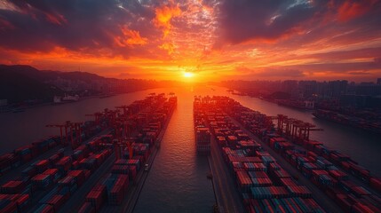 A stunning sunset over a busy shipping port filled with containers and cranes.