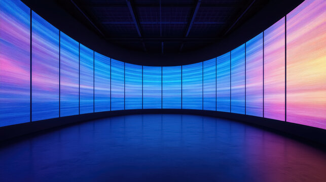 Authentic concave LED display for a wall or platform. Large TV display depicted colorful in dark room