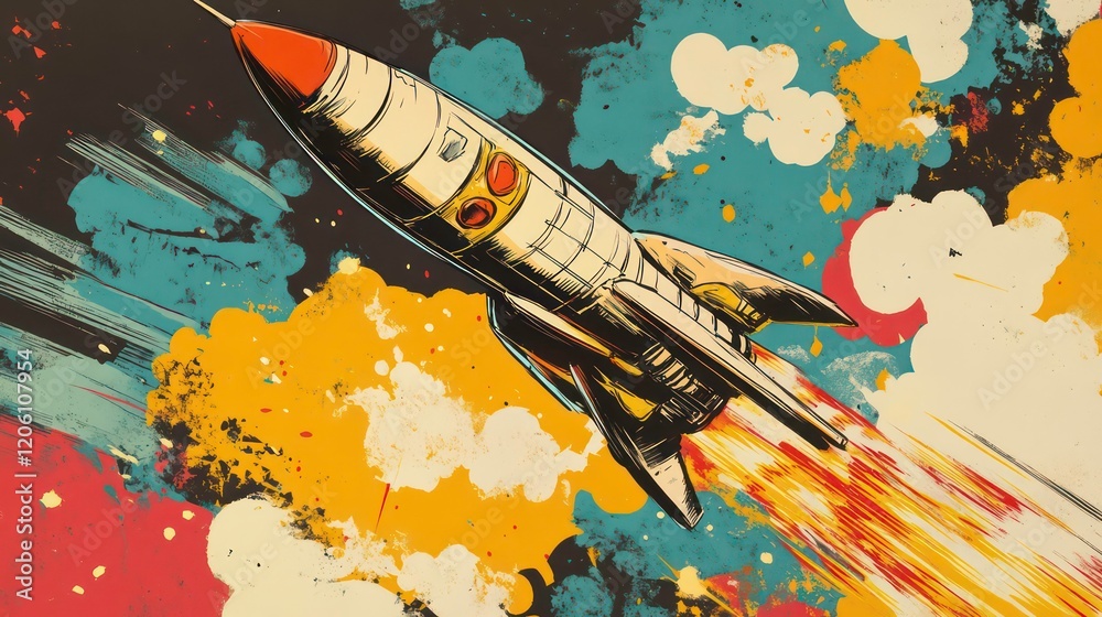 Poster Retro rocket ship soaring through vibrant space, exploding with color and energy.