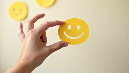 Person holding a cheerful yellow smiley face against a soft background, symbolizing happiness and positivity in everyday life.