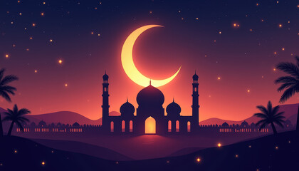 Stunning Ramadan background featuring a beautiful silhouette of a mosque against a starry night with a crescent moon and palm trees, symbolizing celebration and spirituality.