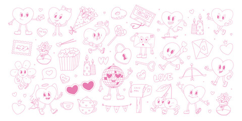 Set of Valentine's day pink doodles for prints, cards, social media decor, stickers, coloring pages, posters, banners, etc. EPS 10
