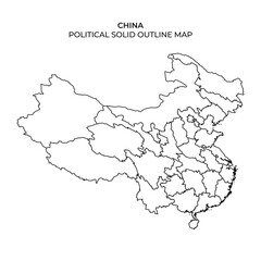 A black and white solid outline map of China displays its political boundaries. The distinct shape highlights various regions, enabling geographical understanding of the country.