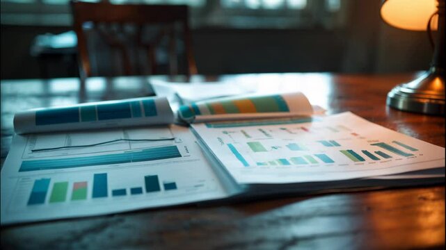 Financial Reports with Colorful Bar Charts and Data Graphs on Wooden Desk Under Warm Desk Lamp Light - Business Analysis