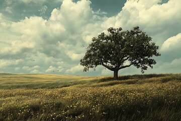 Obraz premium A solitary tree stands in a vast, grassy landscape under cloudy skies.