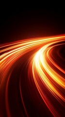 Abstract orange and red light trails curve on black background.