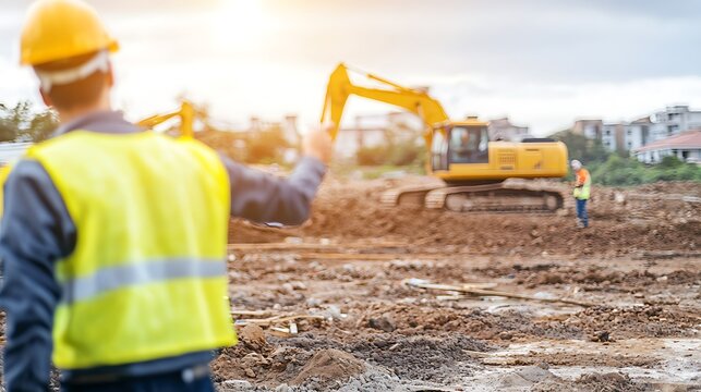 Foreman directing excavator, construction site, urban background, development