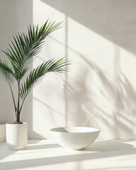 Minimalist interior design features a palm plant and white bowl with sunlight creating soft shadows