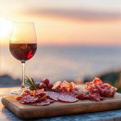Glass of red wine and charcuterie board