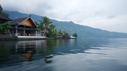 Naklejka premium Lakeside Houses Mountain View Calm Waters