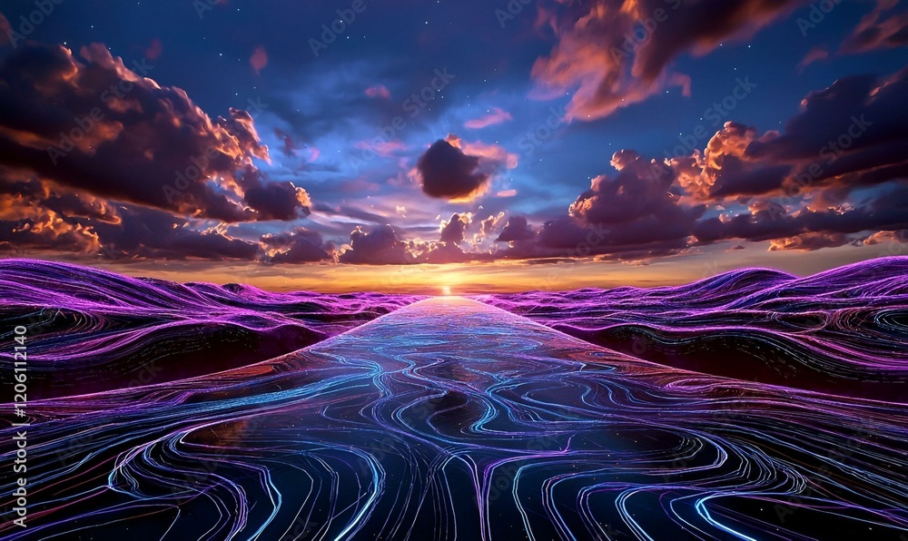 Poster digital flow, an abstract visualization of interconnected data streams, vibrant colors, dynamic patt