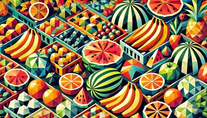 Naklejka premium Colorful Crates: A Geometric Fruit Extravaganz