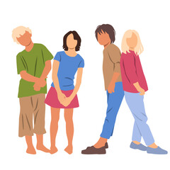 Obraz premium Set of boys and girls standing, profile, different colors, cartoon character, silhouettes people, fashion summer; design concept of flat icon, hand draw vector illustration, isolated on white