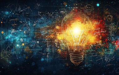 Glowing lightbulb amidst vibrant equations and cosmic backdrop, symbolizing innovation and bright ideas.