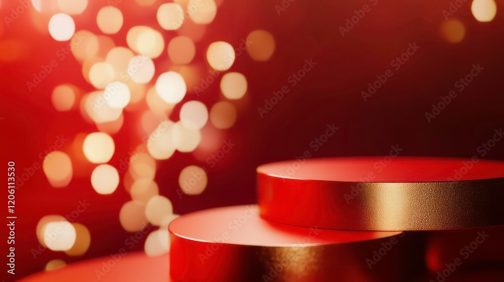Aufkleber Red and gold cylindrical podiums on red background with bokeh lights.
