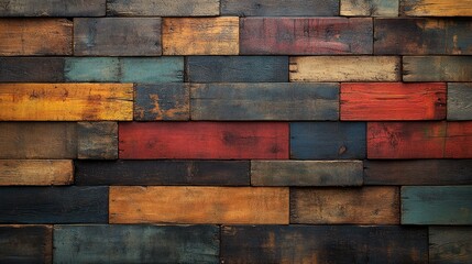 A textured wall made of colorful wooden planks arranged in a rustic pattern.