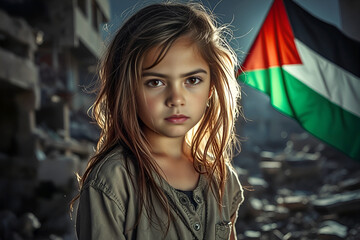 Palestinian child holding flag amidst ruins, gazing sadly at camera in dusty environment
