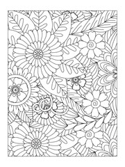 Black and white flower pattern for adult coloring book. Doodle floral drawing. Doodle floral pattern in black and white. Page for coloring book