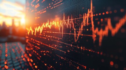 Fototapeta premium Dynamic Stock Market Graph with City Skyline at Sunset