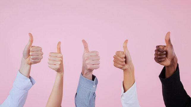 A diverse hands of individuals engages in high fives. They stand against a bright pink background, showcasing positivity - Powered by Adobe