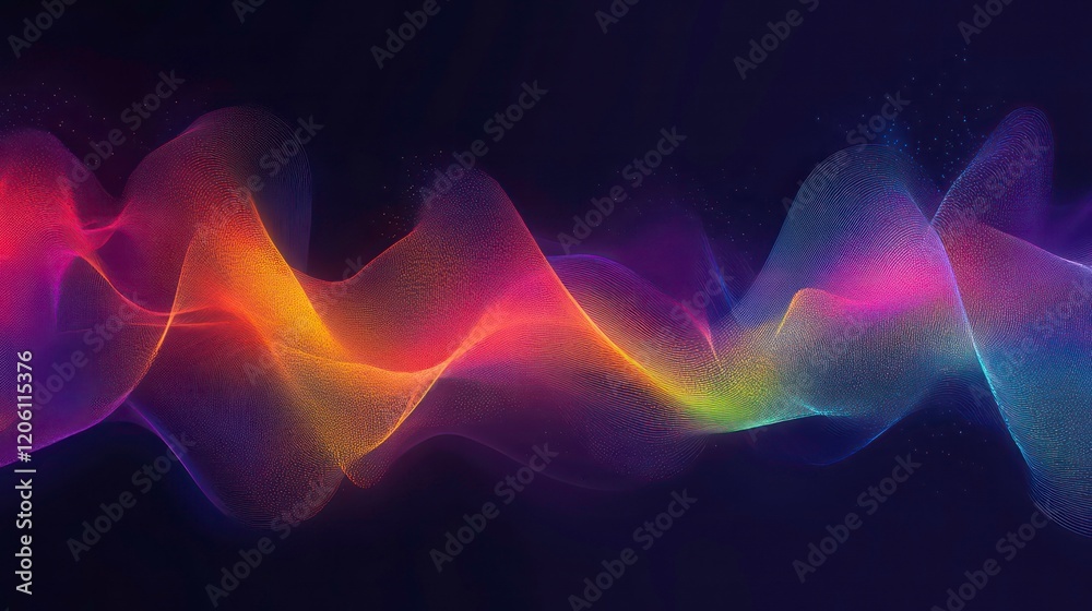 Poster abstract colorful wavy lines on dark background.