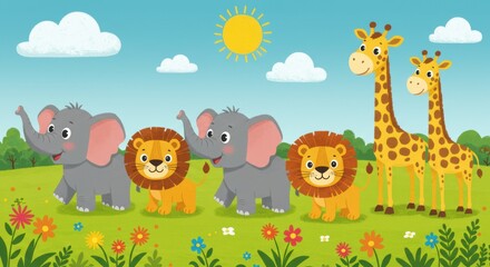 Naklejka premium Playful Animal Parade with Cartoon Elephants, Lions, and Giraffes