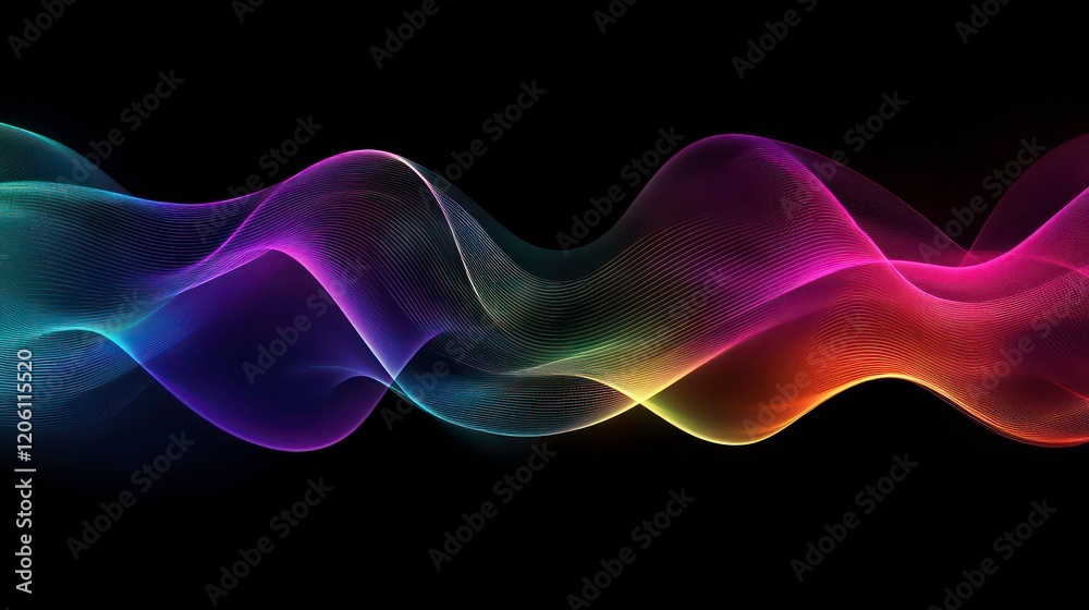 Poster abstract colorful wavy lines on black background.