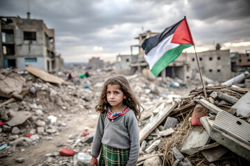 Palestinian child holding flag amidst ruins, gazing sadly at camera in dusty environment
