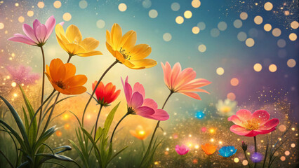 Multicolored Flowers With A Bokeh Background, Suitable For Festive Or Spring Themes, Featuring Bright Shades, Perfect For Invitations Or Event Promotions, Joyful And Uplifting Design.
