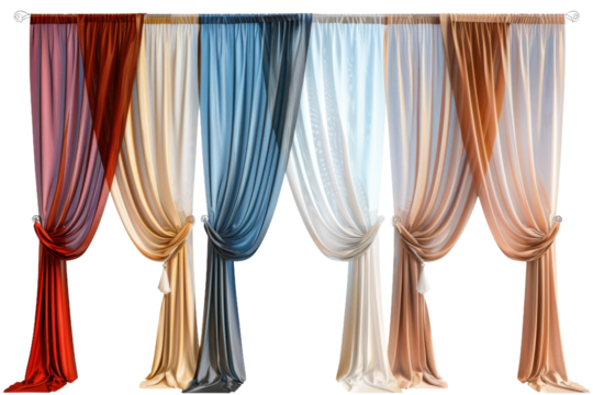 Multicolored pastel drapes for interior design, isolated on white.