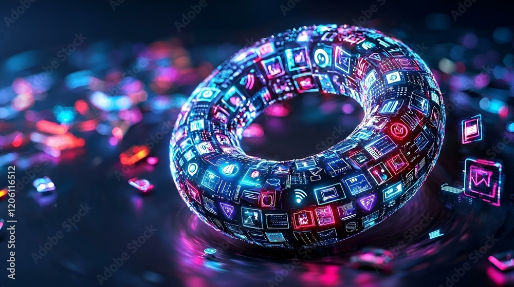 Poster vibrant digital icon swirl, a dynamic array of colorful icons converging in a circular pattern, symb