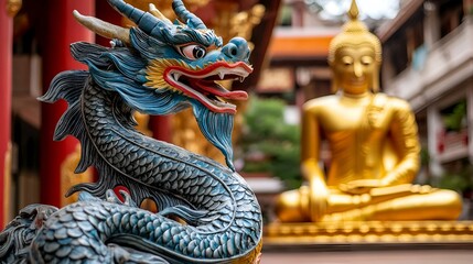 Fototapeta premium Vibrant Thai dragon statue alongside a majestic golden Buddha, showcasing intricate designs and cultural significance in a serene setting.