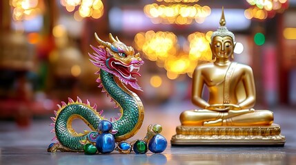 Obraz premium Colorful Thai Dragon Statue Next to a Golden Buddha, A vibrant display of traditional Thai artistry, showcasing intricate designs and cultural significance.