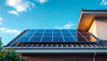 Solar panels on a residential rooftop under a clear blue sky