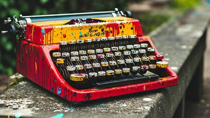 Vintage typewriter splashed with colorful paint displayed on a stone surface in a creative outdoor setting