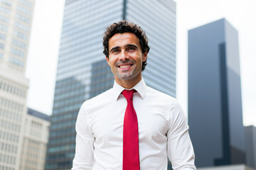 Fototapeta premium Smiling businessman standing in front of skyscrapers in business district