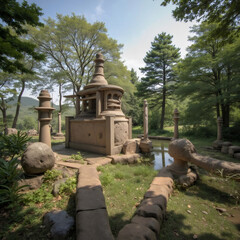 Ancient stone pagoda and structures within a peaceful green forest landscape